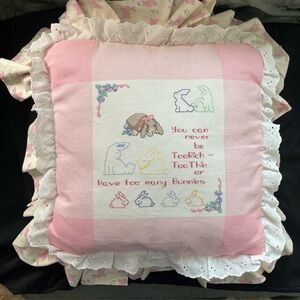 Vintage Pink Cross Stitch Ruffled Lace Pillow You Can Never Be Too Rich Too Thin